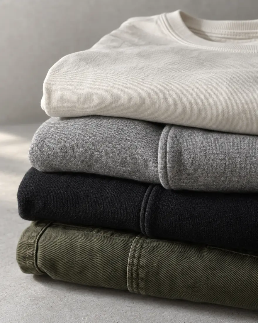 A folded stack of heavyweight cotton in bone, heather grey, black and olive