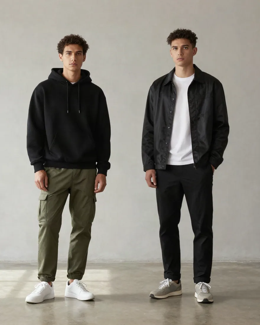 Two models in a bare studio, one in the black Heavyweight Fleece Hoodie with the olive Utility Cargo Pant, the other in the black Nylon Coach Jacket over a white tee